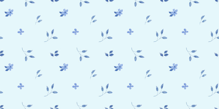 Watercolor seamless floral pattern with tiny blue leaves. Hand drawn ditsy print for fabric designs