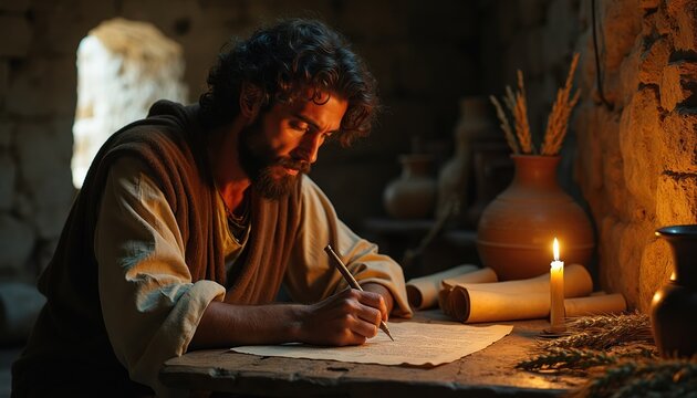 Man in ancient robe writes scripture on parchment by candlelight in humble dwelling. Studies sacred text, reflecting on faith, biblical stories. Scrolls, wheat nearby suggest historical religious