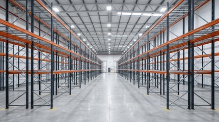 Obraz premium Empty warehouse interior with shelving and bright LED lighting.