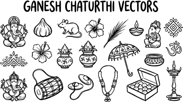Ganesh Chaturthi Hindu Festival Vectors. Black  White Hand Drawn Line Art Doodles of Lord Ganesha, Modak, Diya, Kalash, Mouse, Umbrella, and Cultural Celebration Elements.