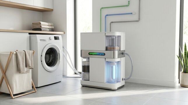 Advanced household greywater recycling system in a modern laundry room