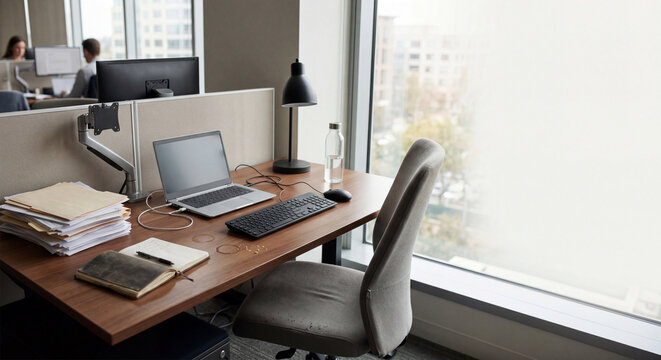 Slightly messy office desk with empty chair in natural light
