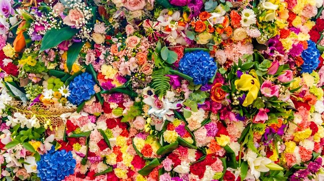 A breathtaking carpet of mixed blossoms blankets the frame, where roses, hydrangeas, lilies, and tiny wildflowers scatter among rich green leaves, creating an exuberant abstract tapestry of joyful spr