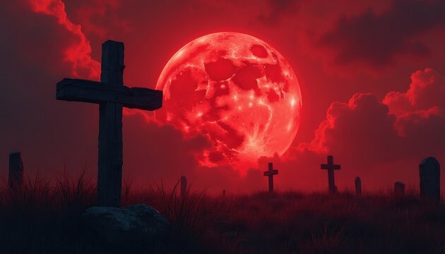A spooky graveyard features weathered wooden crosses silhouetted against a blood-red moon in a cloudy night sky. The eerie scene evokes feelings of death and mystery.