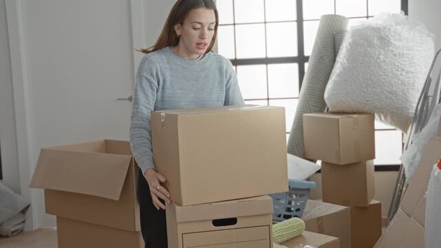 Woman lifting a cardboard box with hands inside a residential building, holding and stacking moving boxes; fresh start contentment.