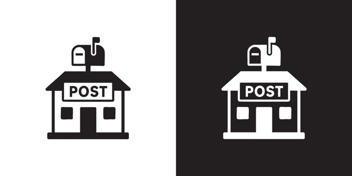Minimalist Post Office Icon with Mailbox - Black and White Postal Service Building, Mailing Letter Box, and Delivery Logistics Vector Illustration