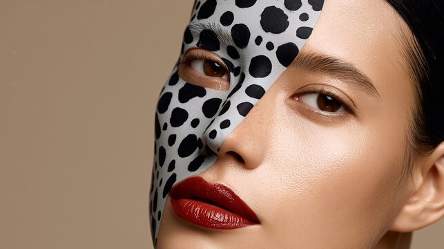 Female model with half of her face covered in a black and white spotted facial mask, showcasing bold red lips against a neutral background