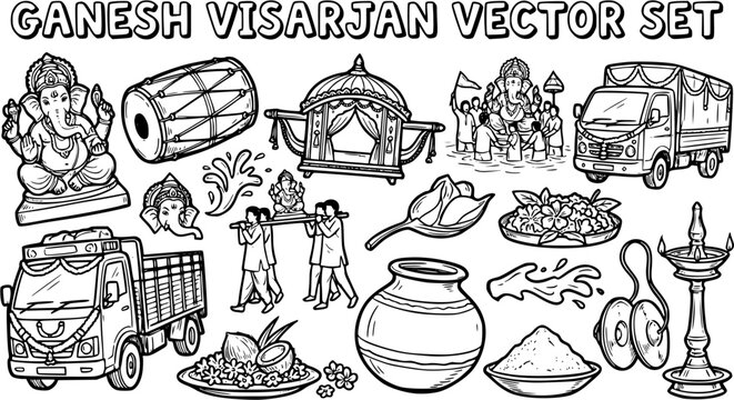 Ganesh Visarjan Festival Black  White Line Art Vector Set. Hand Drawn Lord Ganesha Idols, Immersion, Procession, Drums, Offerings, and Hindu Devotion.