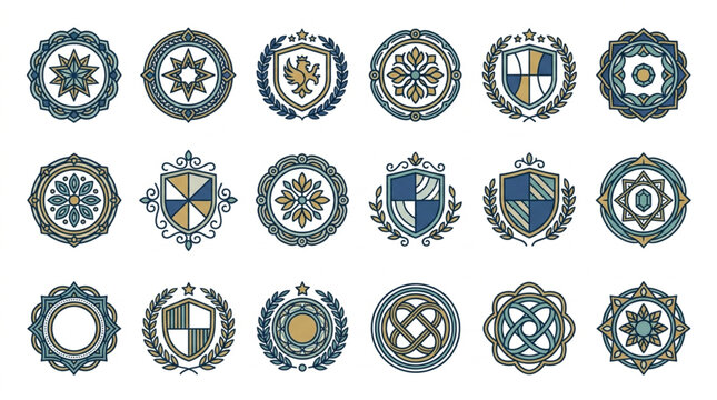Collection of Decorative Heraldic Shields and Crests.