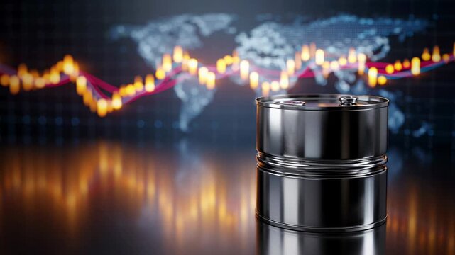 Oil barrel foreground market chart glowing candlesticks and world map backdrop, reflective surface with warm orange highlights, dynamic price movements showing