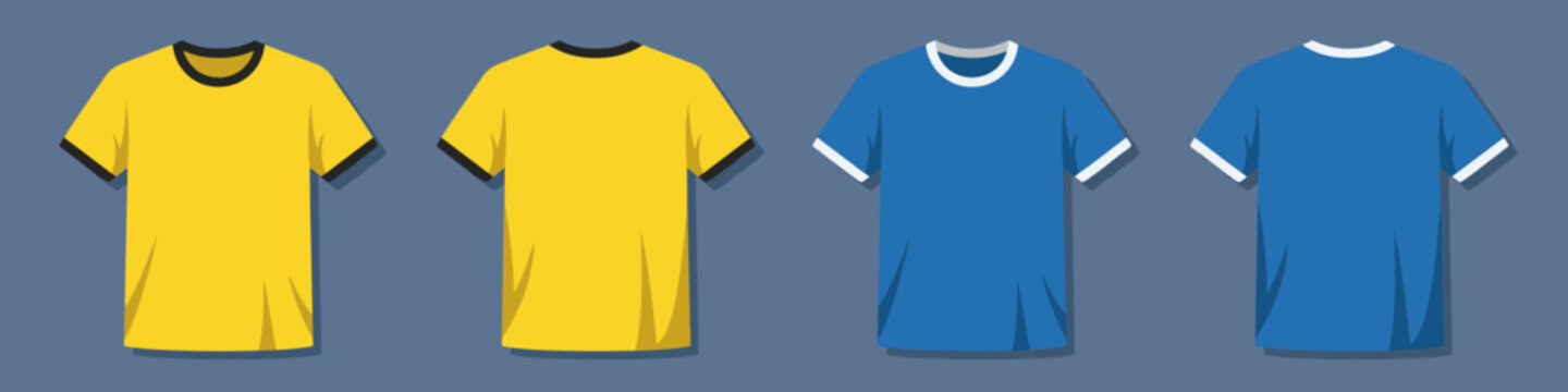 Vector set of four ringer t-shirts in yellow and blue with contrast neck and sleeve bands, blank clothing templates