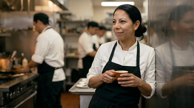 Chef taking a coffee break in busy restaurant kitchen