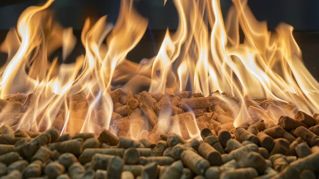 Burning wood pellets with golden flames, closeup macro of biomass fuel igniting on burner, dancing orange tongues and glowing embers, textured pellet surface