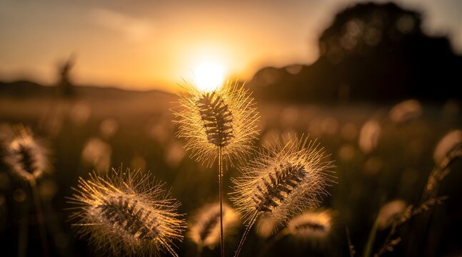 Close up view of golden foxtail grass seed heads glowing.