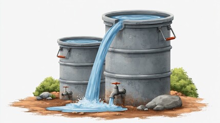 Obraz premium Two large gray water storage tanks with flowing water, surrounded by rocks and greenery, illustrating water conservation and storage in a rural setting