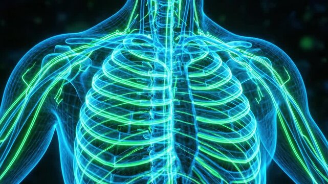 3D medical visualization of human anatomy showing skeleton and nervous system. Suitable for medical presentations, science documentaries, and education.