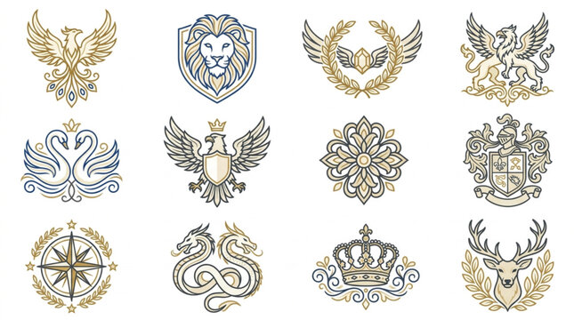 Collection of heraldic emblems and crests with animals and symbols.