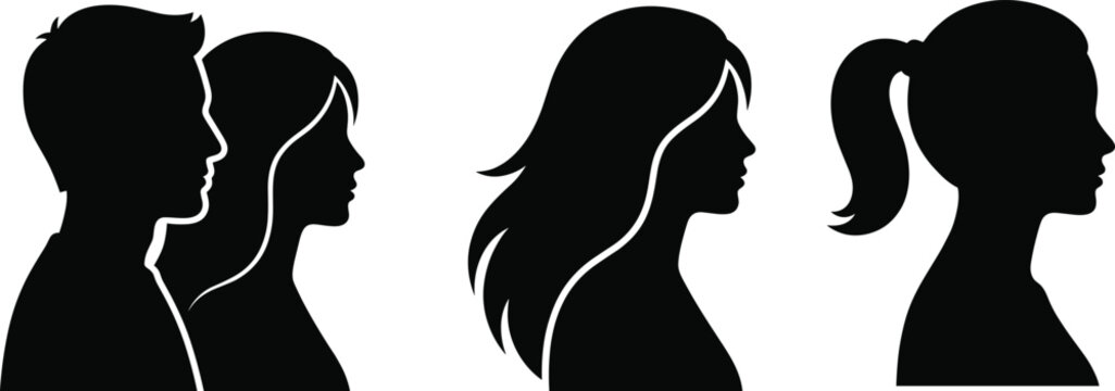 Silhouette profiles of men and women with different hairstyles representing diversity, fashion, and identity in minimalist vector art