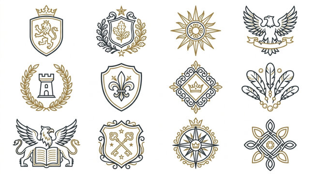 Collection of vintage heraldic emblems and crests.