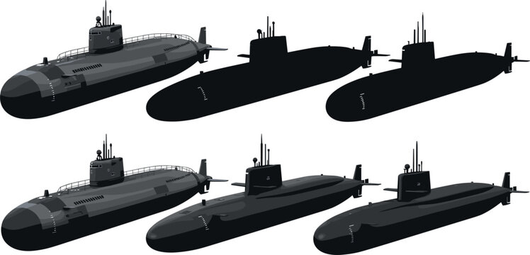 Military Submarine Vector Set with Detailed Modern Navy Ships and Black Silhouettes Isolated on White Background for Marine Warfare and Maritime Design Concepts