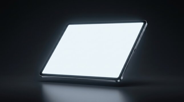 Sleek modern tablet computer mockup featuring a bright glowing blank white screen on a dark minimalist background, high-tech cinematic moody lighting, perfect for digital product displays.