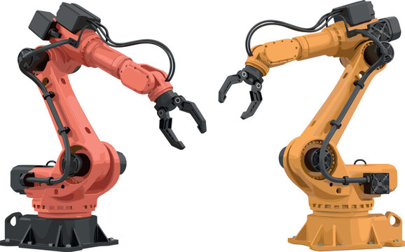 Industrial Robotic Arm Vector Set with Red and Yellow Mechanical Manipulators Isolated on White Background for Smart Factory Automation and Tech Concepts