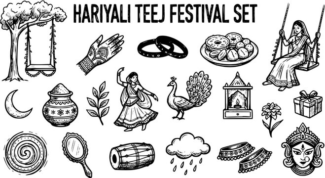 Hand Drawn Black and White Line Art Hariyali Teej Festival Elements Set for Traditional Indian Culture, Hindu Celebration, and Monsoon Rituals.