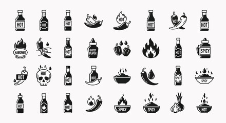 Obraz premium Collection of Hot Sauce Icons Featuring Bottles, Peppers, Flames, and Spices for a Spicy Food Concept