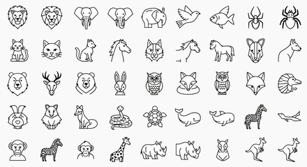 Fototapeta premium Collection of Hand Drawn Animal Icons Featuring Diverse Wildlife and Domesticated Creatures in Outline Style, Vector Art