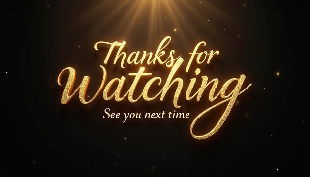 Elegant gold text says Thanks for Watching. See you next time graphic element for video end screen. Festive sparkle and light flares. Modern outro card.