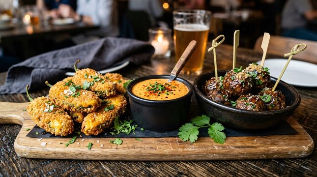Food photography of spicy jalape&ntilde;o poppers and savory meatballs served with vibrant spicy aioli dip in small black ceramic ramekins.