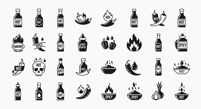 Collection of Hot Sauce Icons Featuring Bottles, Peppers, Flames, and Spices for a Spicy Food Concept