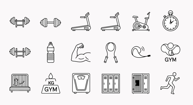 Collection of gym equipment icons and fitness symbols including barbells, treadmills, dumbbells, and workout accessories