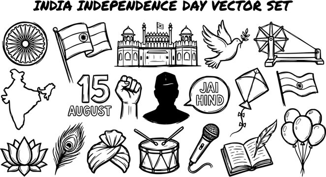 Black and White Line Art India Independence Day Vector Set with Hand-drawn Indian Cultural Symbols, Patriotic Elements, and National Icons.