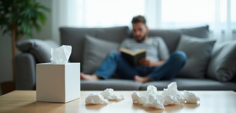 Man reads book on couch near tissue box and used tissues. Evidence of illness or allergies on living room table. Person rests at home during sick day.