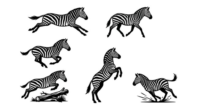 Zebras in Active Poses Running Jumping and Rearing