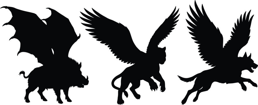 Set of black mythical creature silhouettes including winged boar, griffin, and flying wolf isolated on a white background vector.