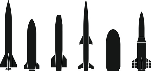 Collection of modern rocket silhouette icons showing diverse spacecraft designs and aerodynamic structures for aerospace illustration © MDSHAFIQUL