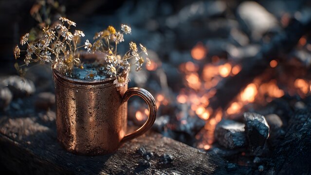 Rustic copper mug with wild blooms sitting by a warm outdoor campfire glow