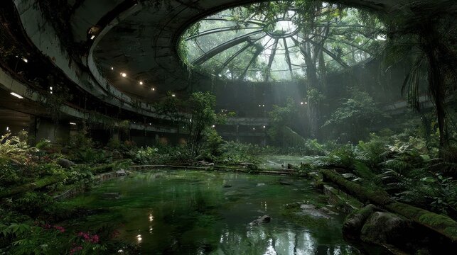Ruined, overgrown, tropical, architectural structure. Lush vegetation
