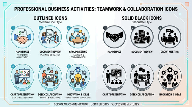 Outlined and solid business icons handshake document review group meeting chart presentation brainstorm innovation teamwork collaboration corporate communication