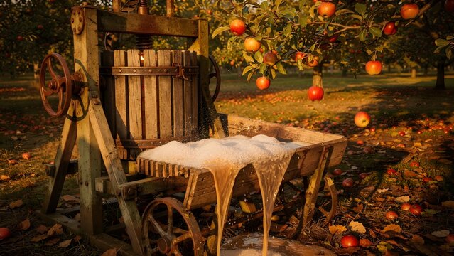 Rustic apple press producing fresh juice in a sunlit autumn orchard at harvest time