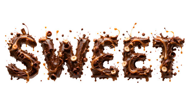 Sweet Word Formed by Flowing Chocolate and Hazelnuts on Dark Background