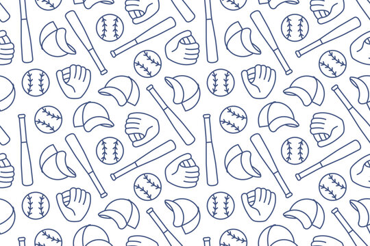 baseball seamless pattern with bat, ball, glove and cap, sporty repeating background for fabric, wrapping paper, textile, wallpaper, apparel and kids design- vector illustration