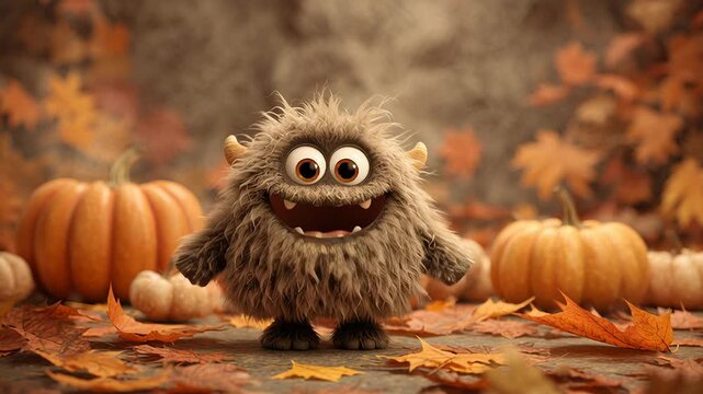 Fuzzy monster in autumn pumpkin patch smiling plush creature surrounded by pumpkins and colorful leaves, oversized eyes and open mouth showing joyful