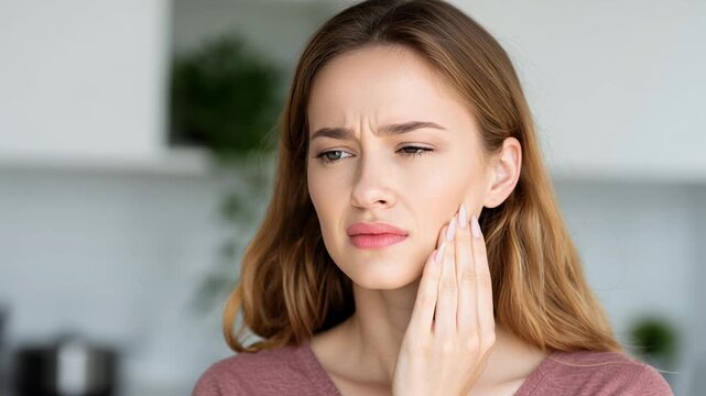 Biracial woman holding jaw in pain, sitting on couch at home showing facial discomfort and worry, touching cheek and rubbing jaw in closeup portrait, curly hair