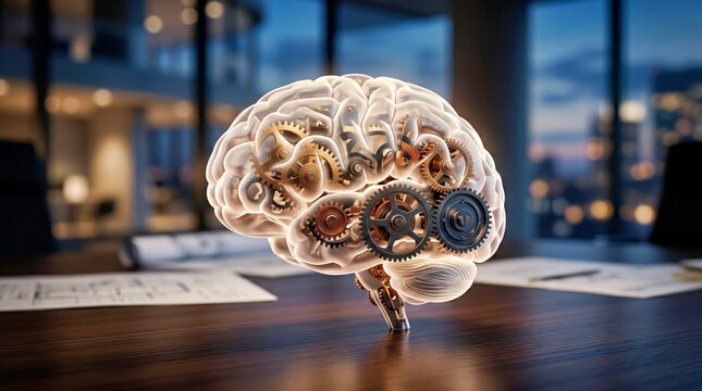 Steampunk Style Human Brain Model With Mechanical Gears on Office Desk