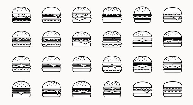 Collection of 20 Diverse Hamburger Icons in Outline Style Minimalist Food Illustrations Seamless Pattern