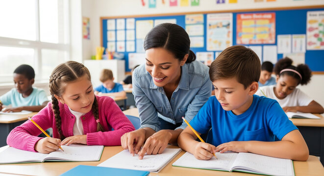 Elementary school teacher assisting young students with math work in bright classroom