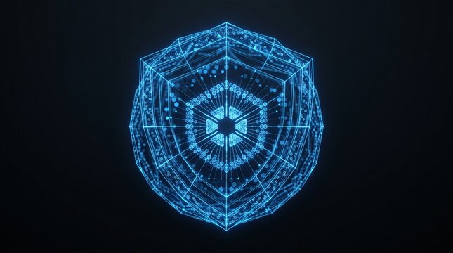 Glowing blue holographic shield symbolizing digital protection and network cybersecurity defense.